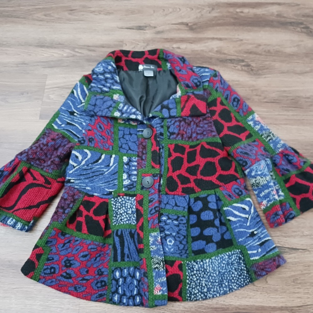 Damee Inc Womens Patchwork Animal Print Jacket Red Blue Green Art to Wear Small